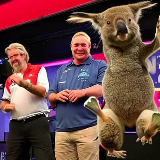 Prompt: a kangaroo, a wombat and a koala all playing darts together, while watched approvingly by Simon The Wizard Whitlock