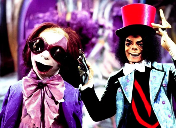 Image similar to film still of Michael Jackson as Willy Wonka in Willy Wonka and the Chocolate Factory 1971