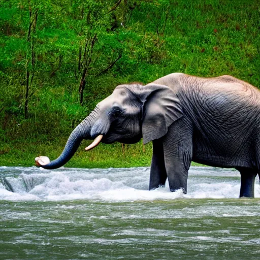 Prompt: An elephant walking in a river, XF IQ4, 150MP, 50mm, f/1.4, ISO 200, 1/160s, natural light, Adobe Photoshop, Adobe Lightroom, DxO Photolab, Corel PaintShop Pro, rule of thirds, symmetrical balance, depth layering, polarizing filter, Sense of Depth, AI enhanced