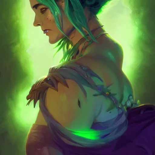 Prompt: beautiful orc woman with glowing green hair, portrait, maya ali mage, gloomhaven, dynamic lighting, gaudy colors, octane render aesthetic, matte painting concept art, official fanart behance hd artstation by jesper ejsing, by rhads and makoto shinkai and lois van baarle and ilya kuvshinov and rossdraws