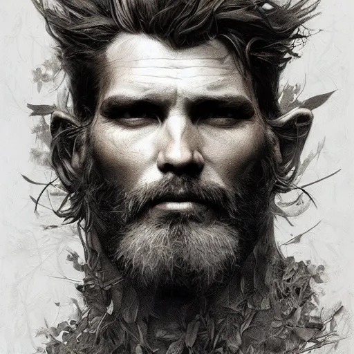 Prompt: portrait of the god of the forest, 40 years old, rugged, male, gorgeous, detailed face, amazing, hairy torso, muscular, intricate, highly detailed, digital painting, artstation, concept art, sharp focus, illustration, art by greg rutkowski and alphonse mucha