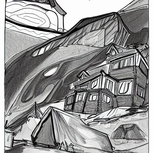 Prompt: 🌌⛰🏚, black and white comic, pencil illustration