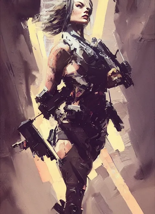 Image similar to Margot Robbie wearing metal gear armor holding ak-47 dramatic lighting art by Yoji Shinkawa by Richard Schmid by greg rutkowski by Sandra Chevrier by Jeremy Lipking cinematic dramatic