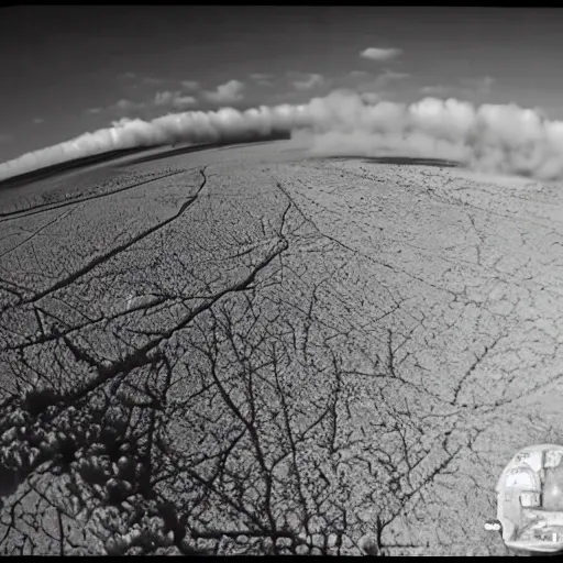 Image similar to combat drone strike war footage, ir, infrared color, saturated with green tint, very high contrast, nuclear cloud, high angle vertical, dirty, grainy, noisy, bad drone camera, airwaves, static,