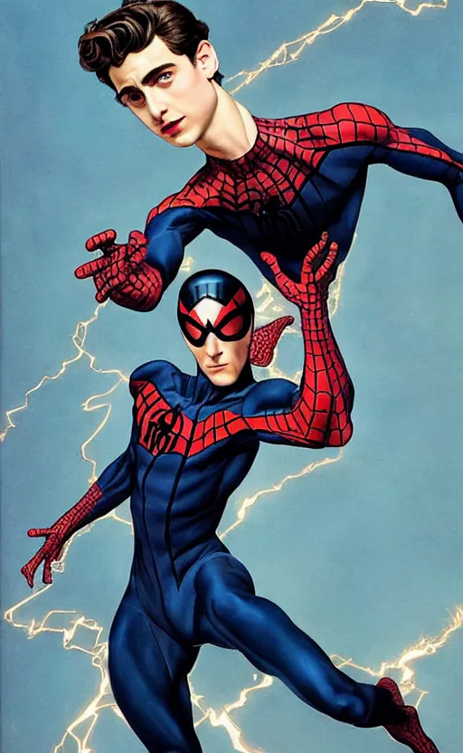 Image similar to Timothee Chalamet is Peter parker spiderman, +++ super super super dynamic posing, j.c. leyendecker, Valentina Remenar, thick eyebrows, super serious facial expression, upscaled