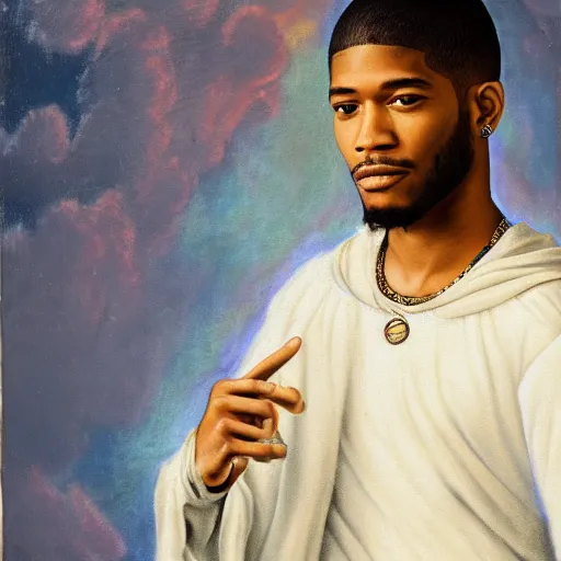 Image similar to a renaissance style portrait painting of kid cudi