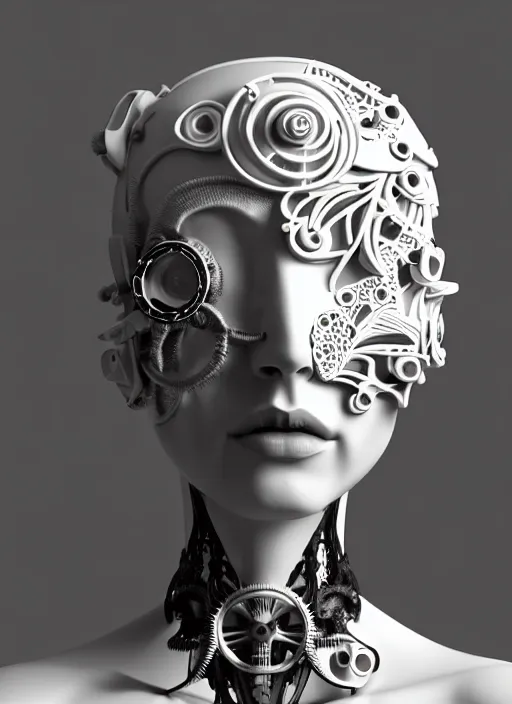 Image similar to monochrome 3 d model, biomechanical young female cyborg with porcelain profile face and a big floral eye, volumetric light, big leaves foliage and stems, hibiscus flowers, boho floral vines, sinuous fine roots, fine foliage lace, alexander mcqueen, rim light, art nouveau fashion pearl embroidered collar, steampunk, octane render, 8 k