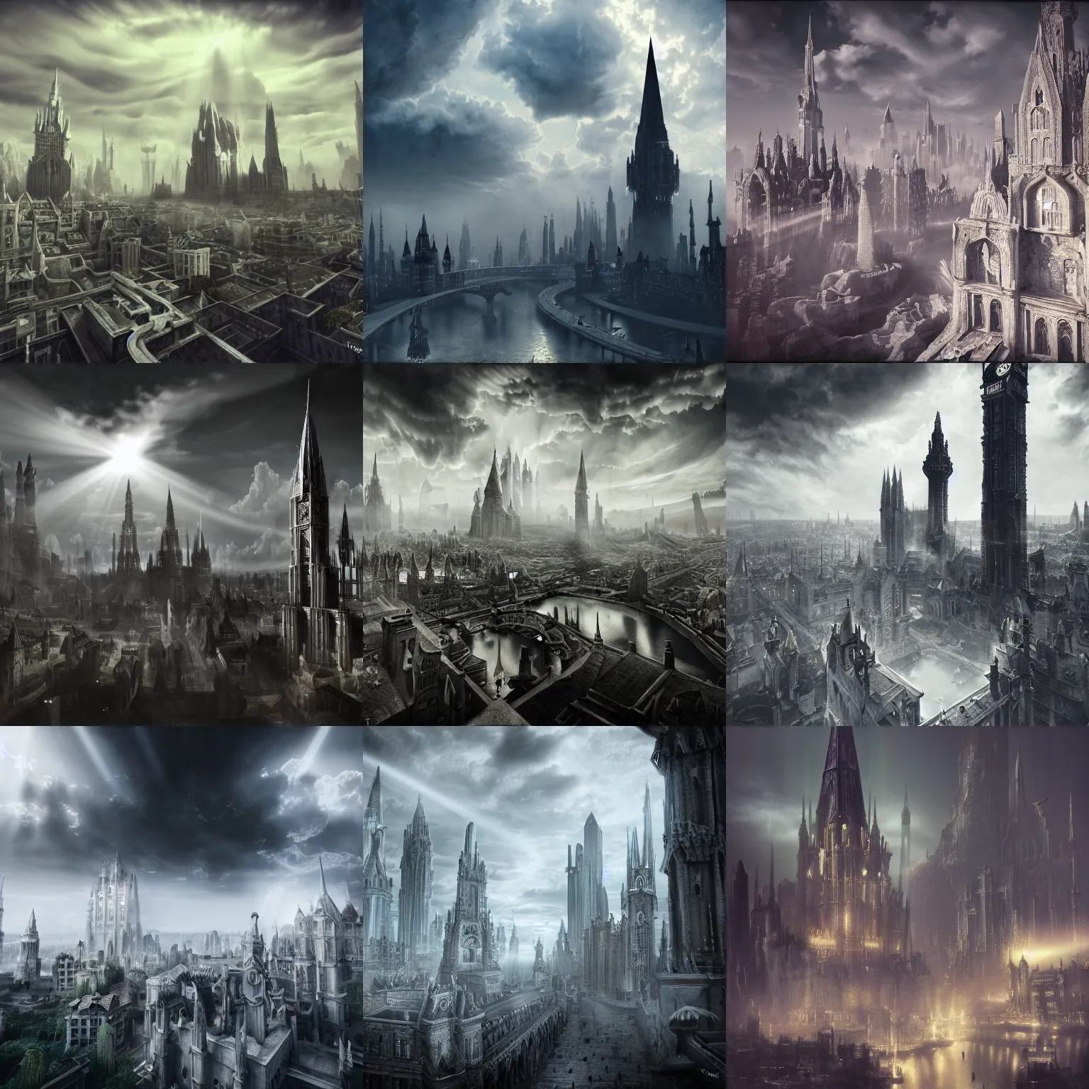 Prompt: fantasy city made from white stone, medieval city, metropolis, magic, high towers, waterways, gorgeous clouds, white marble, god rays, digital art, landscape, fantasy art, Octane Render, Ureal Engine, high detail, very realistic, gloomy, midnight, vantablack, ambrotype, cyanotype, dark academia, gothic art, style of Blade Runner 2049, calotype, daguerreotype, style of Game of Thrones, gothic, style of Lord of the Rings, style of Nosferatu, polaroid, style of Stranger Things, tintype
