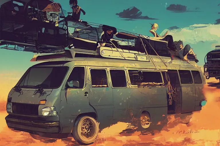 Image similar to digital illustration of mad max's hiace van by makoto shinkai, ilya kuvshinov, lois van baarle, rossdraws, basquiat