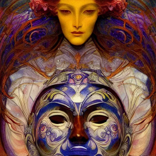 Image similar to masterpiece painting of a facemask made of stylized flowers, by annie swynnerton and jean delville and tino rodriguez and john watkiss, flower mask, art deco shaman, symbolist, dramatic lighting, god rays, elaborate geometric ornament, photorealism, modern realism, clean crisp graphics, soft cool colors, smooth, sharp focus, extremely detailed