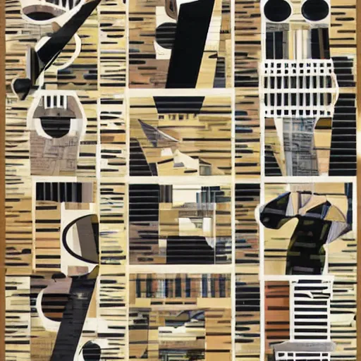 Image similar to A collage of a jazz band, mid-century modern, made of random shapes cut from magazines and newspapers, abstracted block shapes, earth tones