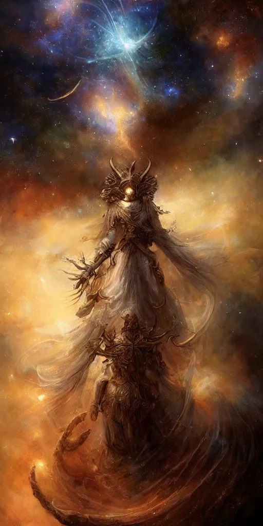 Prompt: breathtaking detailed soft painting of a celestial being in stars and galaxy, gauze dress of fireflies and kabuto helm with big horns, rembrandt style, intricated ribbons of light, hall of ancient nature kings, in a nebulae galaxy in flames, elegant, highly detailed, artstation, concept art, matte, sharp focus, art by Tom Bagshaw, Artgem and Greg Rutkowski