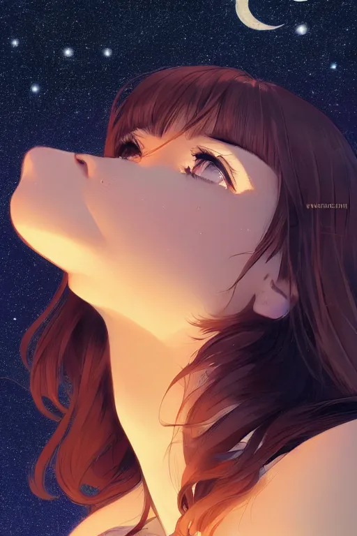 Image similar to a girl looking up at the night sky in awe, full shot, fine - face, realistic shaded perfect body, fine details. night setting. very anime style. realistic shaded lighting poster by ilya kuvshinov katsuhiro, magali villeneuve, artgerm, jeremy lipkin and michael garmash, rob rey and kentaro miura style, trending on art station