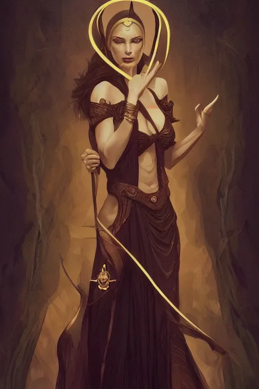 Prompt: tarot!!, high priestess, no noise, elegant, concept art, sharp focus, beautiful face!!, digital art, smooth defined outlines!!, human anatomy, human structure, vector background, by Brom, trending on Artstation, Tom Bagshaw, Sargent