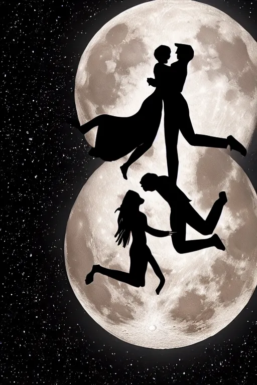 Prompt: the background is a huge moon. in the night environment, a man jumps into the air with a woman in his arms. in the middle of the moon are two figures in black silhouettes.