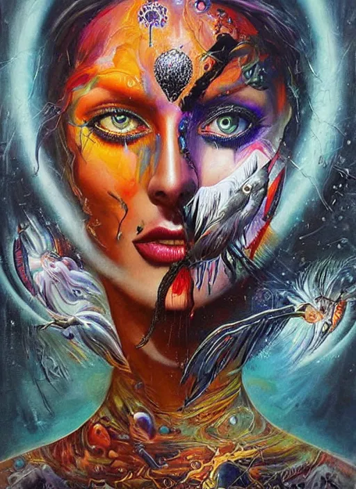 Prompt: incredible magic cult psychic woman, symmetrical painted face, third eye, energetic consciousness psychedelic scene, epic surrealism expressionism symbolism, story telling, iconic, dark robed, oil painting, layers on layers on layers, dark myth mythos, by Sandra Chevrier , Bruce Pennington, masterpiece