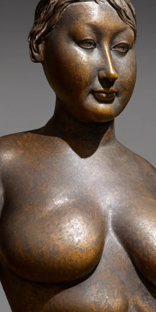 Image similar to detailed photo of an old bronze patina statue of a beautiful curvy woman portrait, intricate detail, museum diffuse lighting