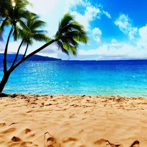 Prompt: Artstation art of a beautiful beach with fantastic luxury blue colors on the beach of hawaii, UHD quality, stunning beauty, incredible light from the Sun, award-winning beauty