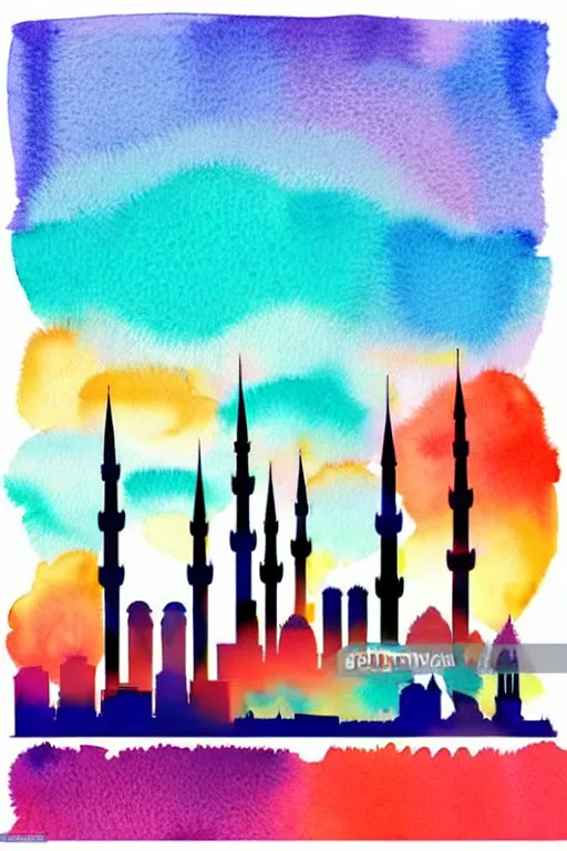 Image similar to minimalist watercolor art of istanbul skyline at sunset, illustration, vector art