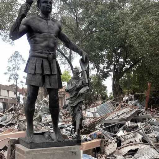 Image similar to statue of a warrior standing in the destroyed city