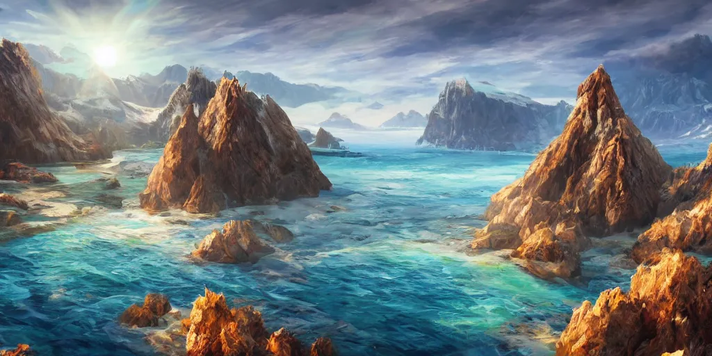 Prompt: a desolate salt covered island surrounded by colourful rugged crystal quartz mountains, illustration, bright sunlight, sun glints, sunrays, digital art, hyperrealistic, oil painting, fantasy, 8 k, trending on artstation, detailed