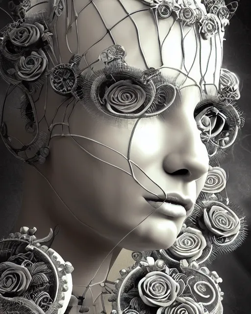 Image similar to mythical dreamy black and white organic bio-mechanical spinal ribbed profile face portrait detail of translucent steampunk beautiful female angelic-human-queen-vegetal-cyborg, highly detailed, intricate trnaslucent ivy jelly ornate, poetic, translucent roses ornate, 3D render, digital art, octane render, 8K artistic photography, photo-realistic, by Dora Maar