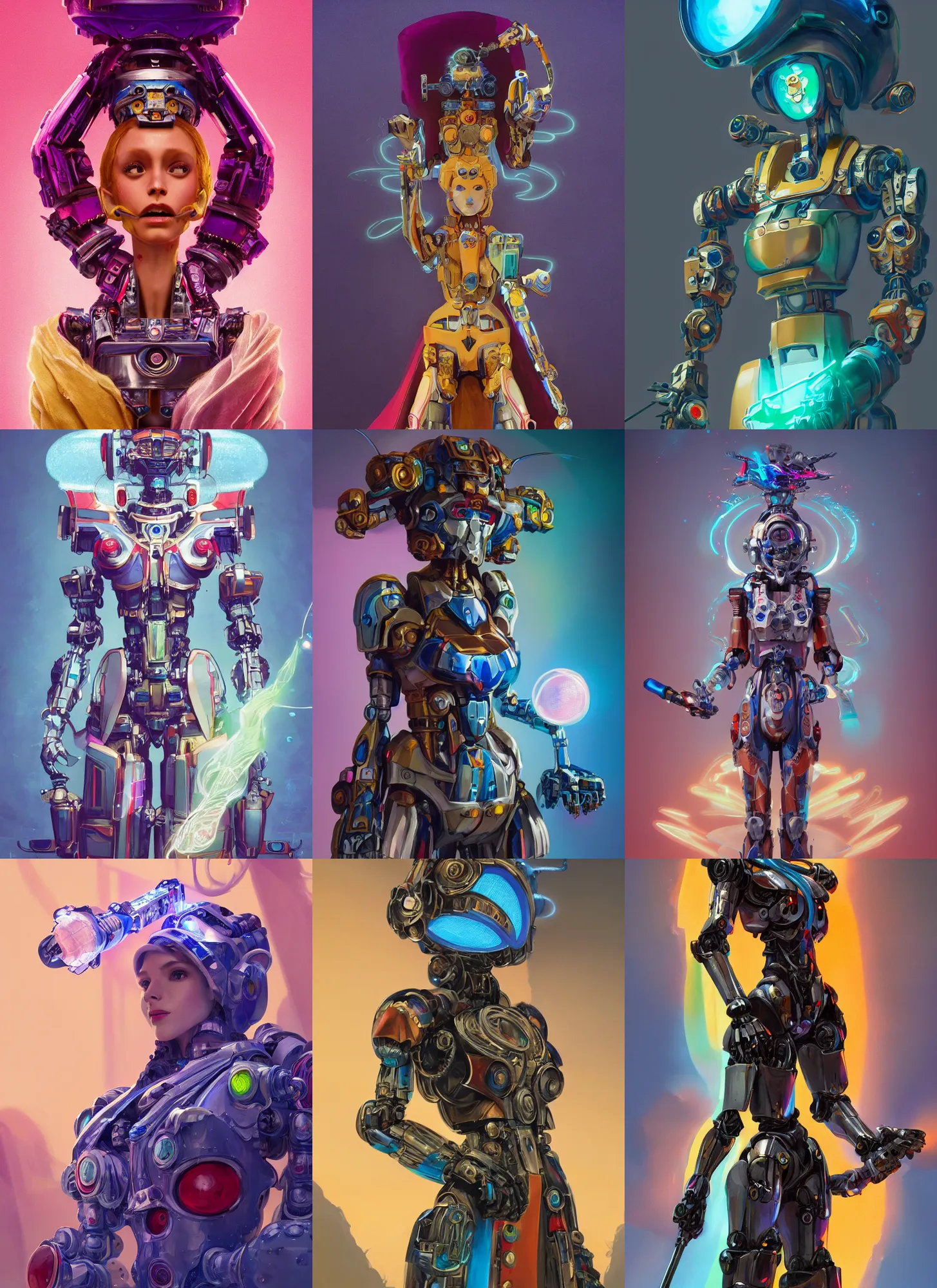 Prompt: an anthropomorphic beautiful mecha female wizard portrait holding a staff wearing colourful robe, fine art, award winning, intricate, elegant, sharp focus, octane render, hyperrealistic, cinematic lighting, highly detailed, digital painting, 8 k concept art, art by jamie hewlett and z. w. gu, masterpiece, trending on artstation, 8 k