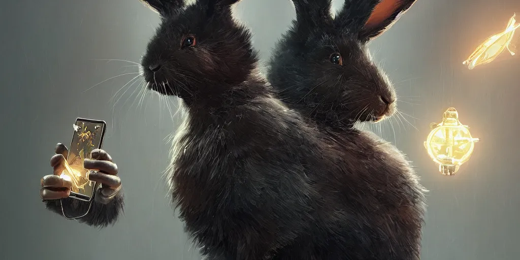 Image similar to black biomecanical rabbit is watches on his smartphone, hyper detailed, digital art, fantasy illustration, trending in artstation, cinematic lighting, studio quality, smooth render, unreal engine 5 rendered, octane rendered, art style by klimt and nixeu and ian sprigger and wlop and krenz cushart