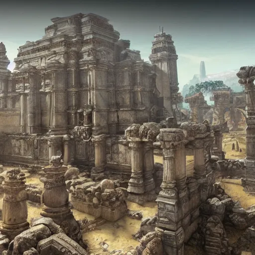 Image similar to cinematic still of hyper detailed hard surface modelled 3 d apex legends temple ruins, deep perspective, wide angle, insanely detailed and intricate, ornate patterned people, by sir james guthrie