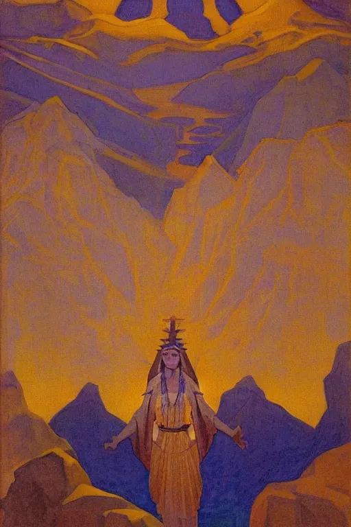 Image similar to queen of the dawn mountains, by Nicholas Roerich and jean delville , dramatic cinematic lighting , ornate headdress , lost civilizations