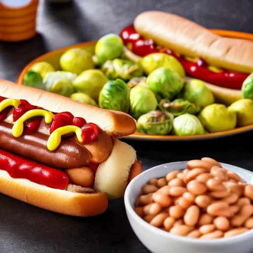 Prompt: promotional photo of a delicious hot dog, with baked beans, mustard, ketchup, brussel sprouts, cereal on top, detailed, uhd, 8k,