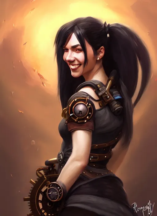 Image similar to a _ fantasy _ style _ portrait _ painting _ of woman, ponytail black hair, smile, round face, steampunk rpg dnd oil _ painting _ unreal _ 5 _ daz. _ rpg _ portrait _ extremely _ detailed _ artgerm _ greg _ rutkowski _ greg