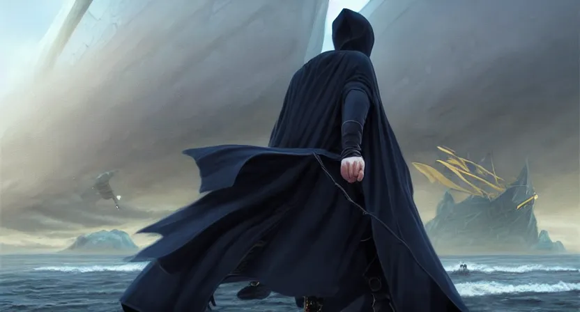 Image similar to handsome mage running away from giant airship, black hair wearing square hooded gothic navy cloak with gold details, cliffside town, movie action still frame, ultra wide horizon, intricate, elegant, highly detailed, hyperrealism, digital painting, concept art, smooth, sharp, focus, illustration, art by artgerm, greg rutkowski, ilya kuvshinov