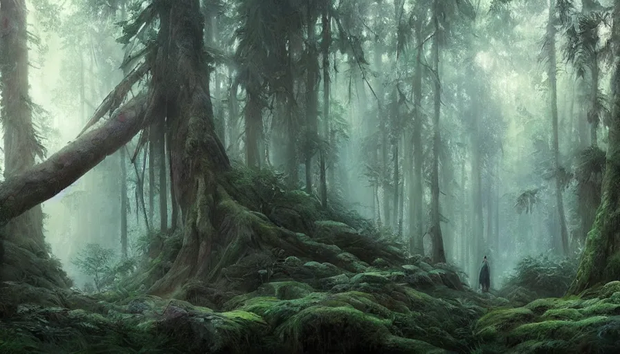 Image similar to beautiful ancient forest, matte painting, beautifully painted, beautiful lighting, enchanted forest, jeremy lipking, studio ghibli, princess mononoke