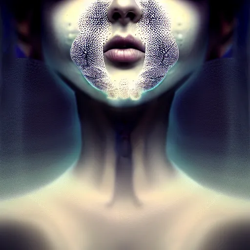 Prompt: tight portrait of a young beautiful woman with eyes closed, with a face covering mask. fractal and mandelbulb, speed painting and scribble art, octane render and portrait. behance and artstation, black and white. intricate detail, beautiful, moody, cinematic. art deco, surrealism, futurism, Unreal Engine, photorealistic.