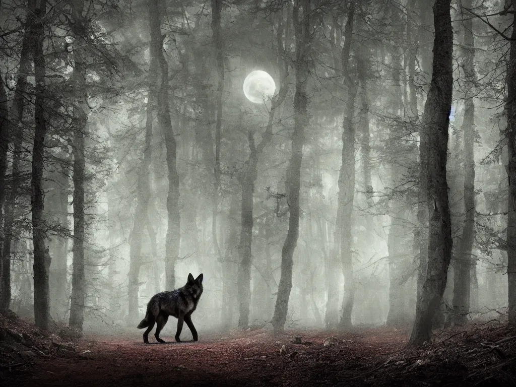 Image similar to a large wolf walking on a dark path through the forest at night under a full moon, 4 k, photorealistic, matte painting,