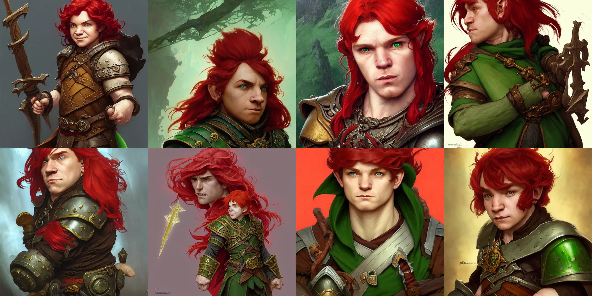 Prompt: “portrait of a male halfling cleric with red hair and green eyes, D&D character, highly detailed, digital fantasy character painted portrait, artstation, concept art, sharp focus, illustration, art by artgerm and greg rutkowski and alphonse mucha and craig mullins and James Jean and Andrei Riabovitchev and Marc Simonetti and peter mohrbacher”