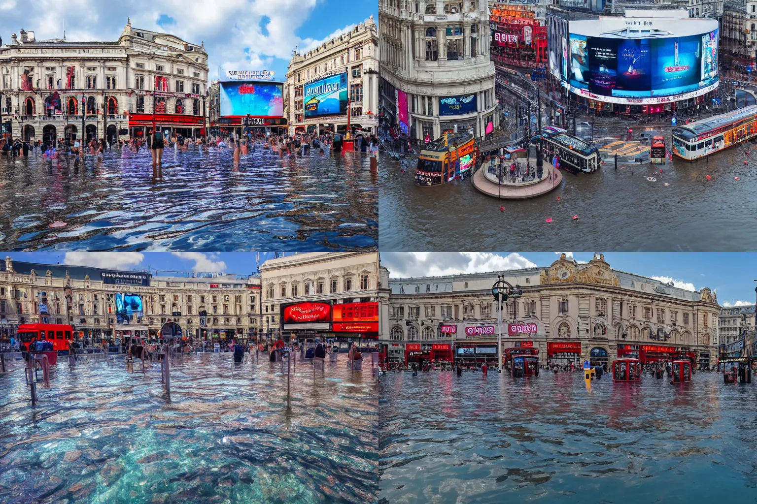 Prompt: Piccadilly Circus flooded with crystal clear water, 4K photo