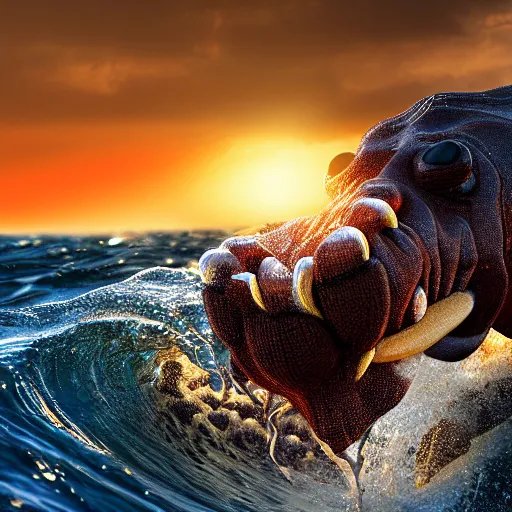 Image similar to a closeup photorealistic photograph of a cute smiling knitted tiger hippopotamus riding a large wave at sunset. surf in the background. professional capture. brightly lit scene. this 4 k hd image is trending on artstation, featured on behance, well - rendered, extra crisp, features intricate detail, epic composition and the style of unreal engine.