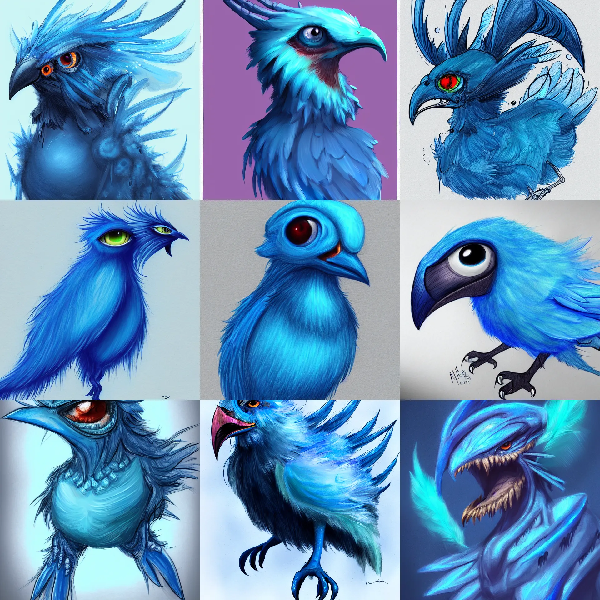 Prompt: a drawing of a monstrous blue bird with 4 eyes and menacing beak, monster concept art, artstation contest winner, fantasy art, iridescent feathers, speedpainting