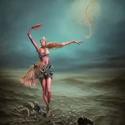 Image similar to a atompunk art raver girl dancing on beach rain and fog peter mohrbacher and chris dyer, intricate detail, finely detailed, small details, extra detail, photorealistic, high resolution, vray, hdr, hyper detailed, insane details, intricate, elite, ornate, elegant, luxury, dramatic lighting, octane render, weta digital, micro details, 3 d sculpture