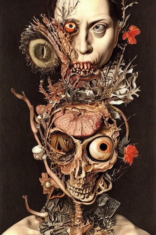 Prompt: Detailed maximalist portrait with large lips and with large eyes, sad exasperated expression, bones, HD mixed media, 3D collage, highly detailed and intricate illustration in the style of Caravaggio, dark art, baroque