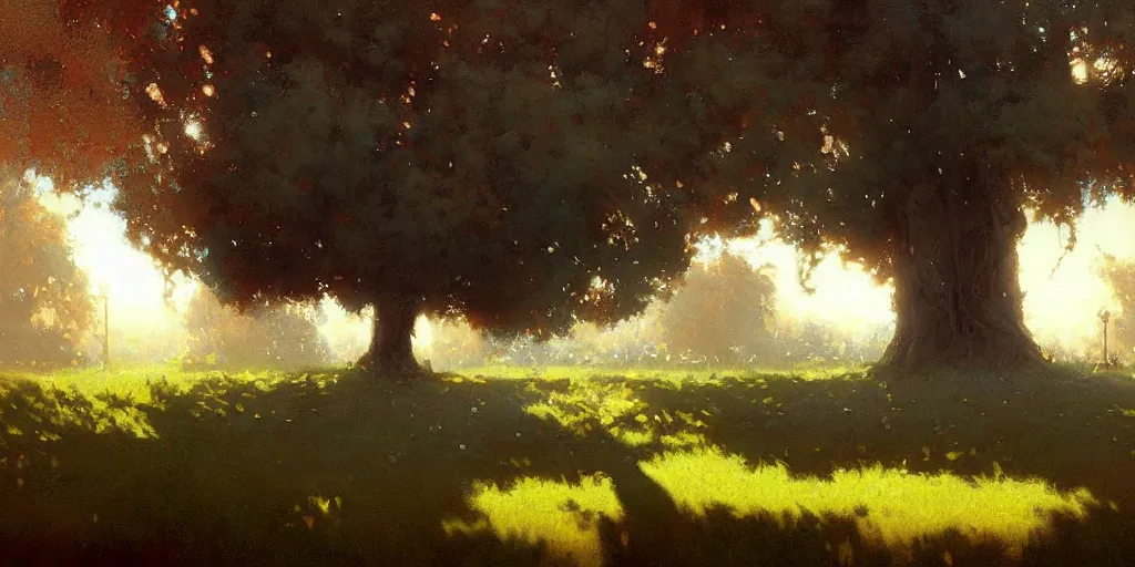 Image similar to digital art painting of a single tree in the middle of a front yard painted by craig mullins and gaston bussiere and greg rutkowski