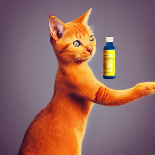 Prompt: a cat standing next to a bottle of medicine. the cat was orange in color. animal. digital art. pixabay. shutterstock. artstation.