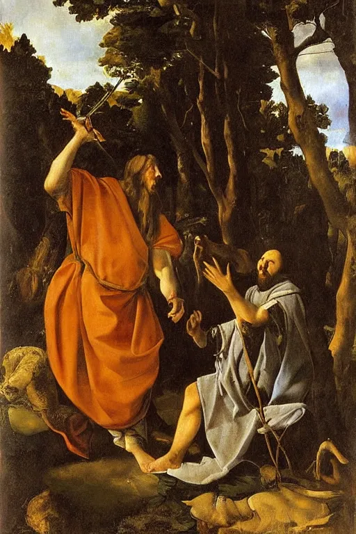 Image similar to artemisia gentileschi oil painting cloaked men trading animals in the woods
