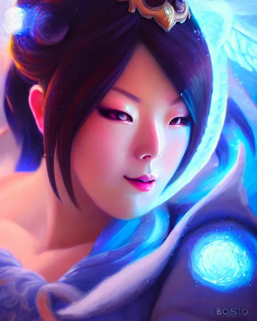 Image similar to mei from overwatch, elegant, icy, cold, ice, colorful, fantasy, fantasy art, character portrait, portrait, close up, highly detailed, intricate detail, amazing detail, sharp focus, vintage fantasy art, vintage sci - fi art, radiant light, caustics, by boris vallejo