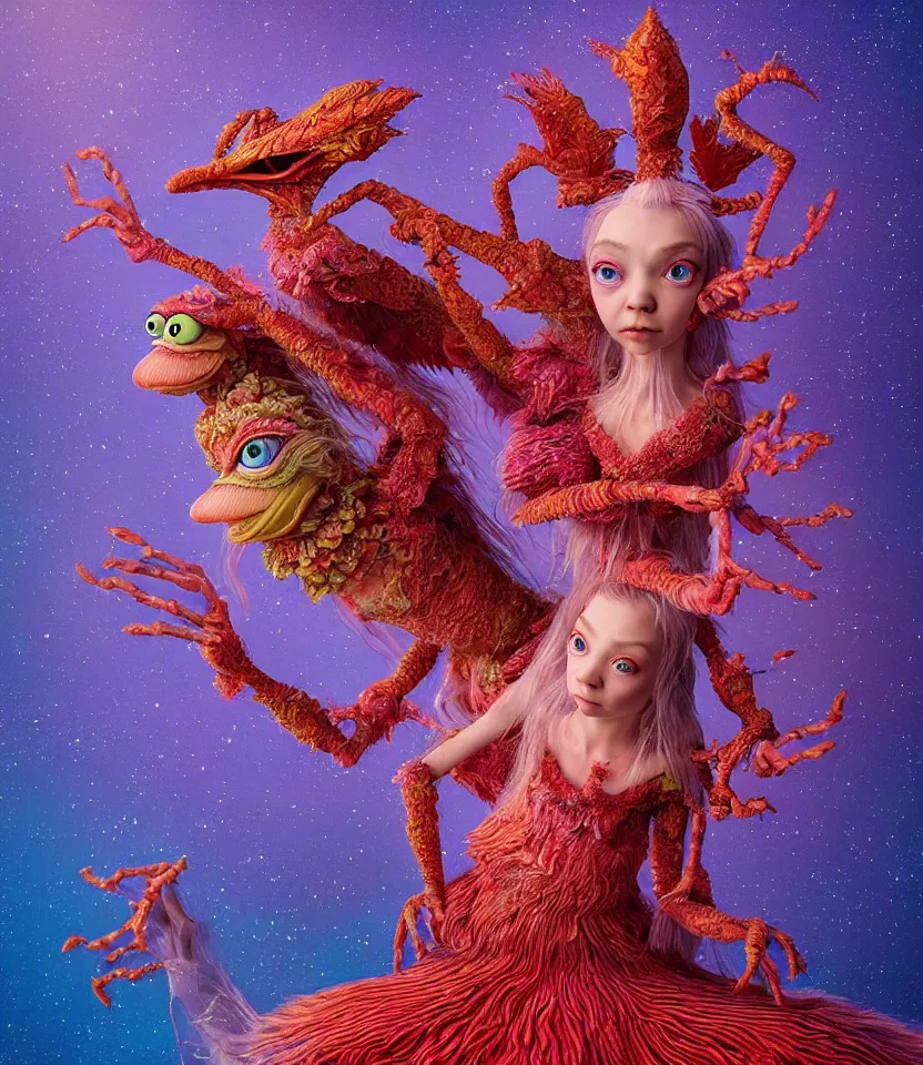 Prompt: hyper detailed 3d render like a Oil painting - kawaii portrait of sisters Aurora (a beautiful girl skeksis muppet fae princess protective playful expressive acrobatic from dark crystal that looks like Anya Taylor-Joy) seen red carpet photoshoot in UVIVF posing in scaly dress to Eat of the Strangling network of yellowcake aerochrome and milky Fruit and His delicate Hands hold of gossamer polyp blossoms bring iridescent fungal flowers whose spores black the foolish stars by Jacek Yerka, Ilya Kuvshinov, Mariusz Lewandowski, Houdini algorithmic generative render, golen ratio, Abstract brush strokes, Masterpiece, Edward Hopper and James Gilleard, Zdzislaw Beksinski, Mark Ryden, Wolfgang Lettl, hints of Yayoi Kasuma and Dr. Seuss, Grant Wood, octane render, 8k