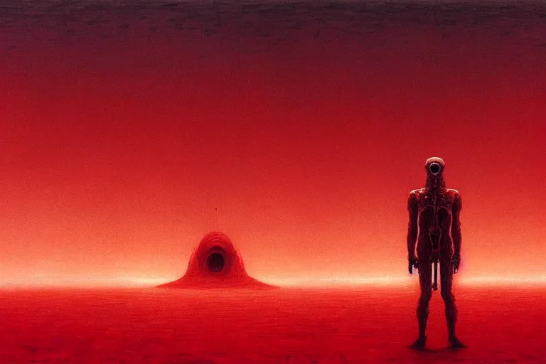 Image similar to only with red, a red god of death eat apple, a futuristic city on mars in background, an ancient path, pathos, in the style of beksinski, part by hopper, part by rodcenko, part by hofbauer, intricate composition, red by caravaggio, insanely quality, highly detailed, masterpiece, red light, artstation