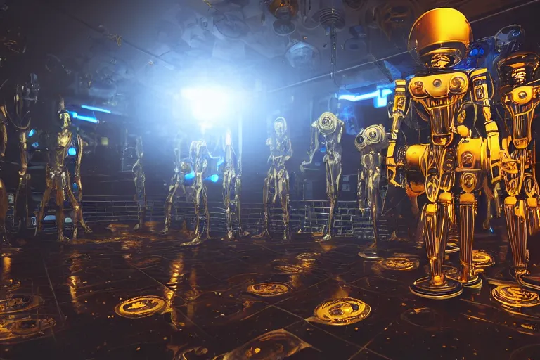 Prompt: on the floor sits a sad golden and blue metal humanoid steampunk robots wearing and gears and tubes, eyes are glowing red lightbulbs, shiny crisp finish, 3 d render, 8 k, insaneley detailed, fluorescent colors, background is backdoor entrance to a futuristic nightclub, nightlight
