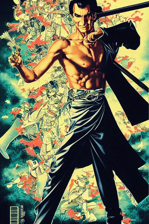Image similar to poster of patrick bateman as a samurai, by yoichi hatakenaka, masamune shirow, josan gonzales and dan mumford, ayami kojima, takato yamamoto, barclay shaw, karol bak, yukito kishiro